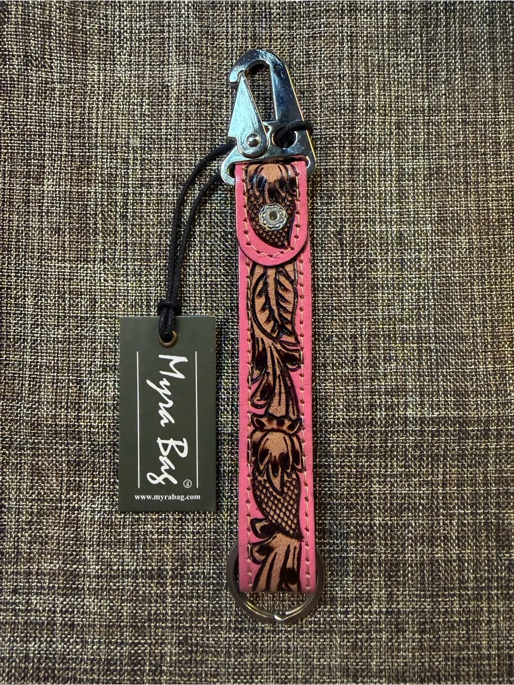 Myra Bag S-9632 Key Fob 7/8” x 1” Leather Hand Tooled Pink Skies Key Fob